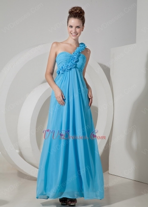 One Shoulder Rosette Strap Aqua Blue Chiffon Latest Prom Dress