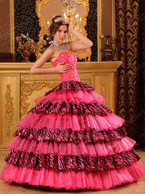 Rose Pink Beautiful Quinceanera Dress With Zabra Layers Skirt