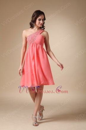 Watermelon Beaded Short Prom Dress With One Shoulder Skirt