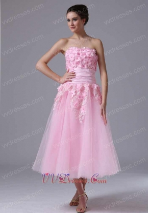 Summer Handmade Flowers Tea Length Cute Pink Homecoming Dress Attractive