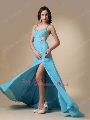 Spaghetti Straps Cross Back Side Split Aqua Woman In Prom Dress