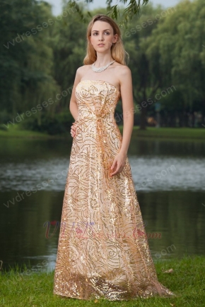 Strapless Golden Sequin Handmade Dress For A Prom Party