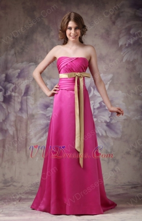 Strapless Floor Length Fuchsia Prom Dress With Champagne Belt