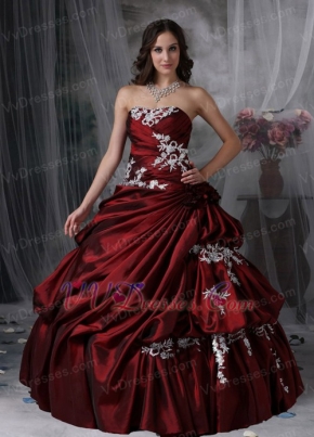 Strapless Burgundy Pretty Quinceanera Dress With White Appliques Like Princess