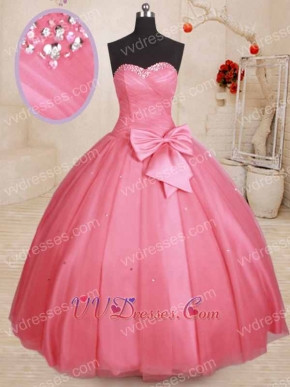 Rose Pink Not Very Puffy Simple Quinceanera Ball Gown With Detachable Bowknot