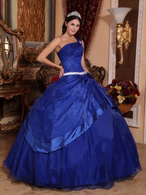 Sapphire Blue Puffy Skirt Quinceanera Dress Single One Shoulder