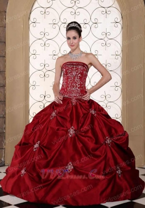 Wine Red Pick-ups Satin Quinceanera Dress Silver Embroidery New York