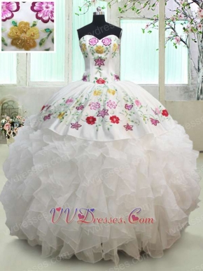 Village Cowboy Style Embroidery Pure White Lady Quinceanera Ball Gown Outdoor