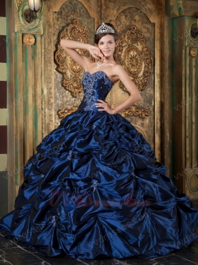 Sweetheart Picks-up Design Navy Blue Puffy Quinceanera Gown