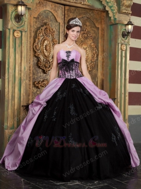 Strapless Appliqued Puffy Quinceanera Gown Lilac And Black