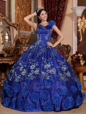 Royal Blue Sequined Flower Quinceanera Gown With Lotus Leaf Design