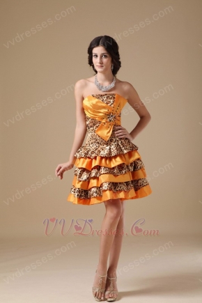 Sun Orange Cocktail Dress With Leopard Fabric Layers Skirt