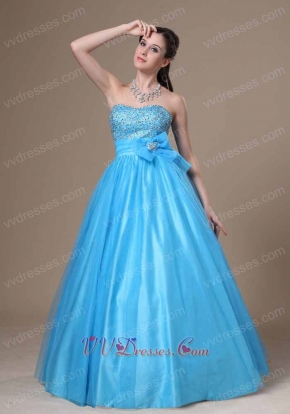 Bowknot Decorate Princess Tulle Aqua Blue Puffy Dance Ball Gown Boutique