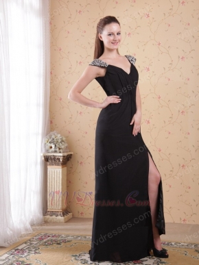 Black V-neck Women In Sexy Prom Party Dress With Side Split