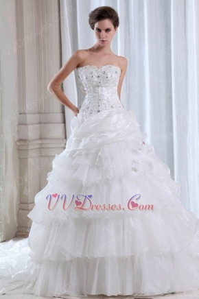 Pretty Appliqued Layers Cascade Cathedral Skirt Wedding Dress