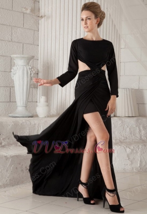 Scoop Long Sleeves Backless Black Cache Prom Dresses With Split