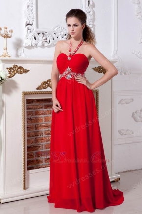 Halter Top Appliques Empire Red Chiffon 2014 Prom Dress