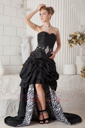 High Low Black Prom Dress Chapel Train Zebra Fabric Inside