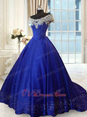 Off Shoulder Scoop Royal Blue Thick Satin Prom Ball Gown Silver Beadwork Hemline