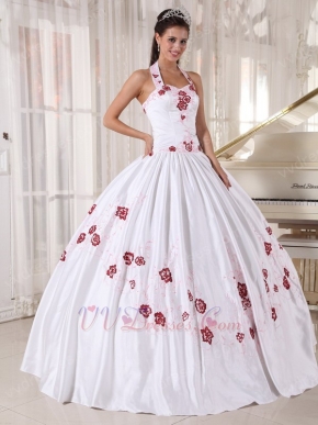 Halter White Quinceanera Dress With Wine Red Embroidery