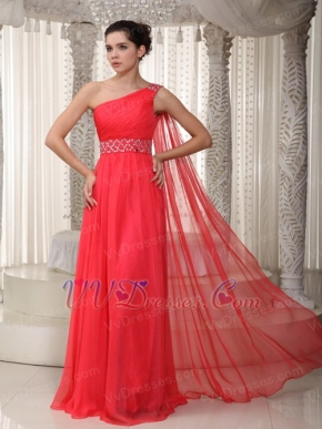 Watteau Top Prom Dresses 2014 With One Shoulder Coral Red Skirt Inexpensive