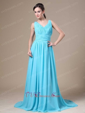 Aqua Blue V-neck Chiffon Modest Mum Prom Dress For Wedding Party
