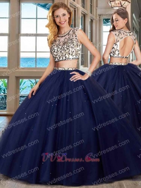 Separated Two Pieces Navy Blue Military Quinceanera Ball Gown Stage Wear