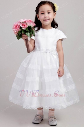 White Scoop Tea-length Lace Hand Made Flower Flower Girl Dress