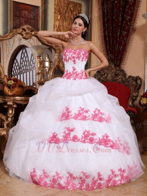 Pretty White Organza Quinceanera Gown With Pink Applique