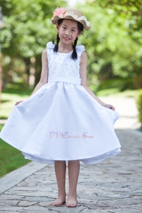 Wholesale Scoop Beading Sequin White Stain Flower Girl Dress