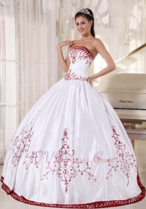 White Quinceanera Dress With Wine Red Embroidery Details