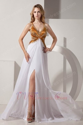 Inexpensive Straps Backless Gold And White Evening Dress