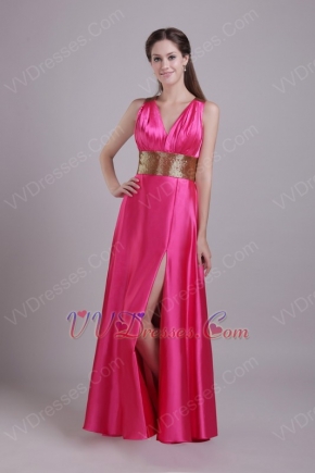 Fuchsia V Neck Slit Skirt Evening Dress With Golden Sash