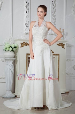 Modest Halter Chapel Train Ivory Wedding Dress With Appliques
