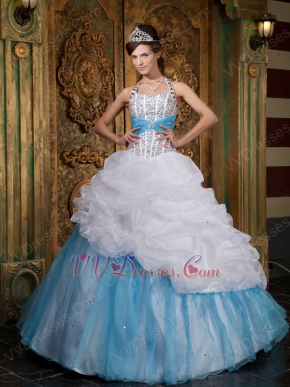 Halter Top White and Blue Quince Dress With Beading Decorate