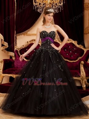 Black Tulle Appliqued Quinceanera Dress With Purple Emberllish