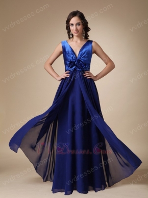 Royal Blue Chiffon V-neck Prom Dress With Handmade Flowers