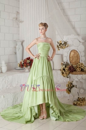 Strapless High Low Skirt Cathedral Spring Green Puffy Prom Gown