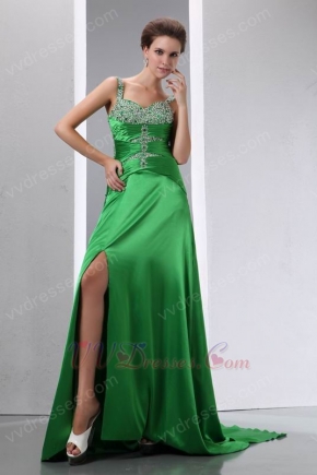 Beaded Front Split Panel Train Spring Green Evening Dress