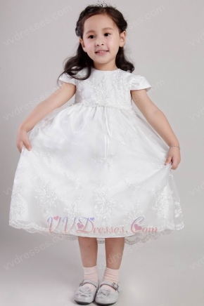 White A-line Scoop Tea-length Flower Girl Dress With Appliques