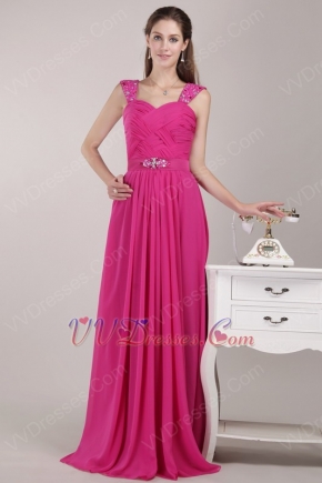 Beaded Wide Straps Deep Pink Chiffon Skirt Pageant Dress