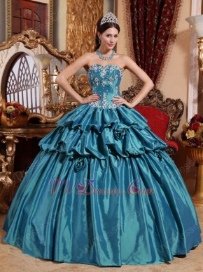 Teal Princess Ball Gown Prom Dress With Applique