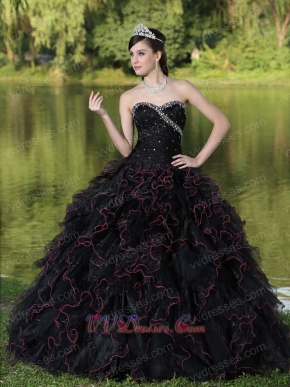 Black Ruffles Ball Gown With Hot Pink Details Ball Gown For Girl's Quinceanera