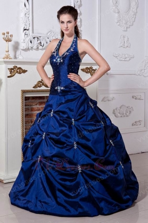 Best Halter Corset Dark Blue Prom Ball Gown With Embroidery