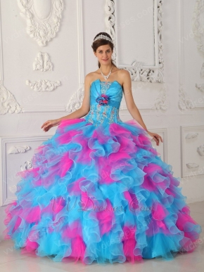 Strapless Hot Pink And Aqua Ruffle Skirt Quinceanera Gown