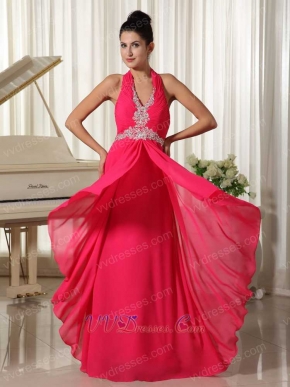 Coral Chiffon Halter Zipper-up Long Prom Gown Factory Direct Shipping