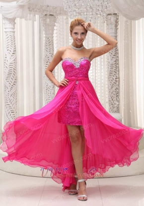 Short Fuchsia Sequin Sheath Skirt Prom Dress With Waist Detachable Train