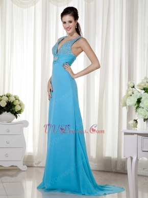 Beautiful Dodger Blue Evening Dress Wth V Neck Design