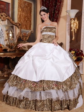 Leopard Printed Fabric Quinceanera Layers Dress With Handmade Flower