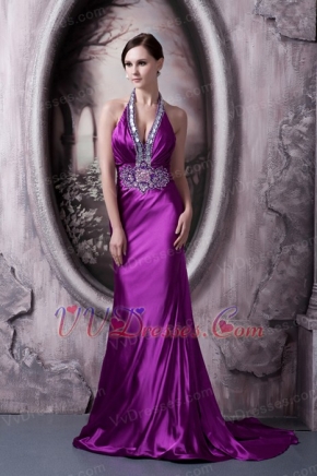 Column Halter Eggplant Purple Party Dress With Crystals Diamonds Inexpensive